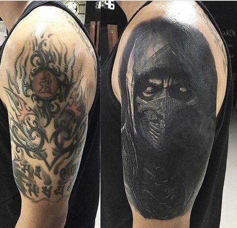 Tattoo Sleeve Cover Up, Arm Cover Up Tattoos, Cover Up Tattoos For Men, Tatuaje Cover Up, Best Cover Up Tattoos, Best Tattoo Ever, Spartan Tattoo, Black Tattoo Cover Up, Blackout Tattoo