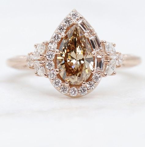 Baguette Halo, Brown Diamond Ring, Pear Cut Ring, Rose Gold Brown, Pear Ring, Pear Engagement Ring, Vintage Diamond Rings, Ring Men, Moissanite Wedding Rings