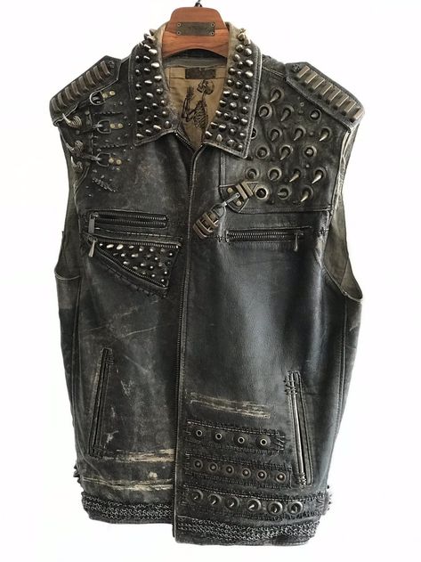 Post Apocalyptic Jacket, Spiked Jacket, Studded Leather Vest, Post Apocalyptic Clothing, Apocalyptic Clothing, Jeans West, Inspired Clothes, Rockstar Aesthetic, Ventilation Design