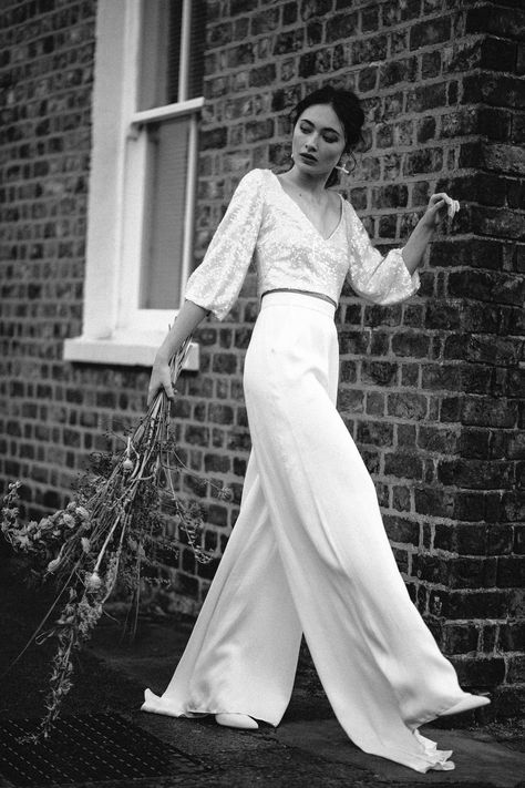 The Beloved Trousers. Wide-legged bridal trousers for the modern eco-friendly bride. — Rolling In Roses - modern, sustainable wedding dresses. Wedding Trouser Suits, White Wedding Boots, Boots Inspiration, Edgy Bride, Modern Bridal Dress, Sustainable Wedding Dress, Wedding Pants, Pearl Wedding Shoes, Jasmine White