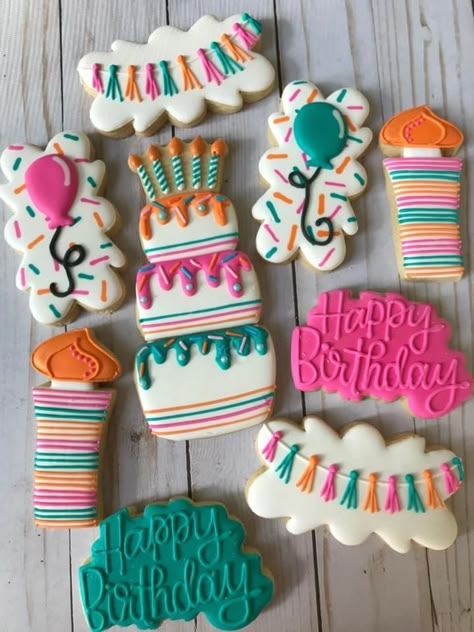 Decorated Birthday Cookies, Cookie Birthday Party, Happy Birthday Cookie, Royal Iced Cookies, Crazy Cookies, Sugar Cookie Royal Icing, Iced Sugar Cookies, Cookie Business, Sugar Cookie Designs