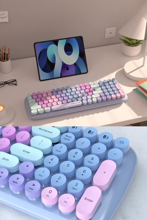 This cute and colorful keyboard with make typing on a table much easier!...............................................#Amazon #ipad #tablet #apple #keyboard #bluetoothkeyboard #bluetooth #work #school #study #typing #purple #white #pink Keyboard For Tablet, Fancy Keyboard, Colorful Keyboard, Unique Keyboards, Apple Keyboard, Computer Desk Setup, Retro Typewriter, School Study, Ipad Accessories