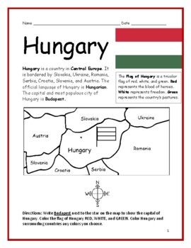 HUNGARY - Introductory Geography Worksheet with map and flag | TpT Hungary History, Basic Geography, Geography Worksheets, World Thinking Day, Map Activities, Reading Comprehension Questions, Homeschool Education, Glamour Nails, History For Kids