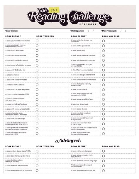 Book Review Project Ideas, Reading Challenge 2023, Popsugar Reading Challenge 2023, Journal Bingo, Tbr Ideas, Popsugar Reading Challenge, Reading Prompts, January Book, Book Trackers