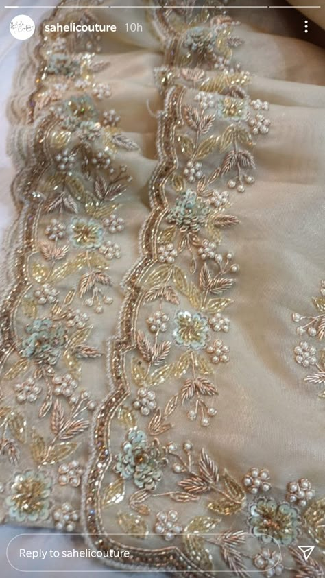 Zari Work Embroidery Saree, Hand Embroidery Dress Pakistani, Dabka Work Saree, Duppata Work Design, Pakistani Handwork Suits, Handwork Dupatta Design, Designer Duppatas Ideas, Hand Work On Saree, Hand Work Suits Designs