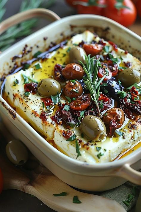 Baked Feta with Olives & Sun-Dried Tomatoes Baked Feta With Olives, Feta With Olives, Baked Feta, Healthy Cookie Recipes, Sun Dried Tomatoes, Fiesta Party, Sun Dried, Grocery List, Greek Recipes