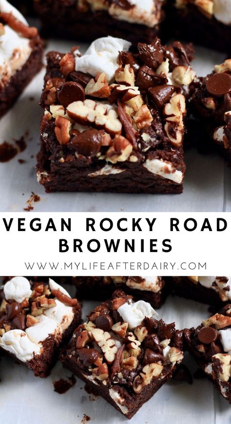 Fudgy vegan brownies are topped with pecans, vegan marshmallows, and chocolate chips for a truly unforgettable rocky road brownie. Serve these tasty brownies as is or top them with ice cream for an a la mode treat everyone will enjoy! This homemade recipe for vegan brownies is a dairy-free treat perfect for every occasion! Vegan Marshmallow Desserts, Vegan Rocky Road Recipe, Tasty Brownies, Vegan Rocky Road, Marshmallow Dessert Recipes, Fudgy Vegan Brownies, Rocky Road Brownies, Vegan Dessert Bars, Vegan Chocolate Brownies