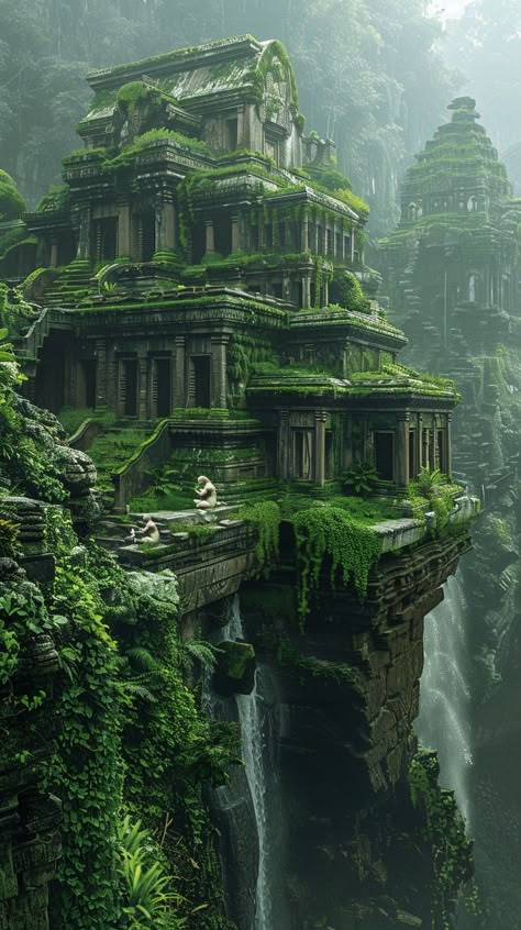 "Mystical Ancient Ruins: Enshrouded by the #verdant embrace of #nature, ancient ruins perch precariously above a roaring #waterfall. #mystical #ancient #ruins #aiart #aiphoto #stockcake ⬇️ Download and 📝 Prompt 👉 https://stockcake.com/i/mystical-ancient-ruins_582394_748756" Fantasy Ancient Ruins, Fantasy City Ruins, Ancient Ruins Concept Art, Cliff City, Viking Ruins, Alien Ruins, Garden Ruins, Fantasy Ruins, Forest Ruins