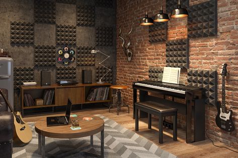 Music Man Cave, Musician Room, Music Room Office, Studio Music Room, Music Room Design, Acoustic Piano, Home Recording Studio Setup, Rehearsal Studios, Drum Room