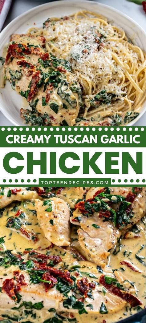 There is something about the chicken, spinach, and sundried tomato combo that I just love. I think it makes amazing dishes, and this creamy Tuscan garlic chicken is no different. Sundried Tomato Chicken, Mediterranean Recipes Healthy, Creamy Tuscan Garlic Chicken, Tuscan Garlic Chicken, Creamy Garlic Chicken, Chicken Spinach, Sundried Tomato, Spinach Stuffed Chicken, Chicken Dishes Recipes