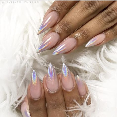 Love these dainty holographic tips by @lavishtouchnails featuring our Holographic Unicorn Powder! 😍✨ Shop DailyCharme.com 💅 Holographic Tips, Unicorn Powder, Long Nails, Nails, Beauty