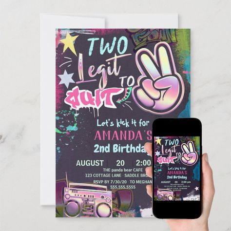 Two Legit To Quit Birthday, Twins Second Birthday, 90s Hip Hop Party, Hip Hop Birthday Party, Music Theme Birthday, 13th Birthday Invitations, Hip Hop Birthday, 2nd Bday Ideas, 2 Fingers