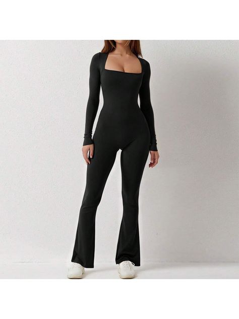 Black  Collar Long Sleeve  Plain Jumpsuit Embellished High Stretch Spring/Summer/Fall Women Plus Activewear Sport Jumpsuit Outfit, Flare Jumpsuit Outfit, Long Black Jumpsuit, Black Jumpsuit Outfit, Sports Jumpsuit, Plain Jumpsuits, Flare Jumpsuit, Jumpsuit Outfit, Styles P