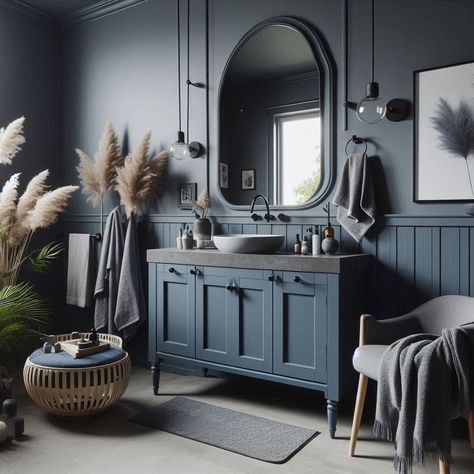 15 Grey and Blue Bathroom Ideas for a Relaxing Retreat Blue Grey Black Bathroom, Blue Bathroom With Black Fixtures, Dark Blue Toilet Room, Blue Grey Bathroom Cabinets, Navy And Grey Bathroom, Navy Bathroom Walls, Dark Blue Bathroom Walls, Grey And Blue Bathroom Ideas, Dark Blue Bathroom Ideas