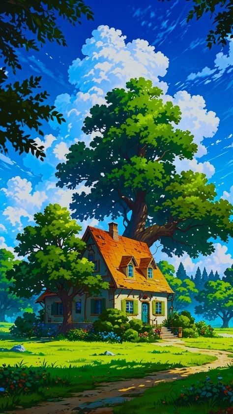 Anime House Aesthetic, Anime Backgrounds Landscape, Gouche Paintings, Anime Nature Wallpaper, Anime Landscape Wallpaper, Anime Aesthetic Landscape, Soothing Pictures, Landscape Anime, Aesthetic Reel