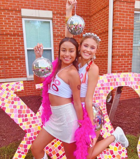 Welcome To The Disco Bid Day, Disco Sorority Letters, Disco Sorority Theme, Disco Bid Day Theme, Disco Bid Day, Banner Fonts, 2023 Themes, Sorority Letters Painted, Chi Omega Letters