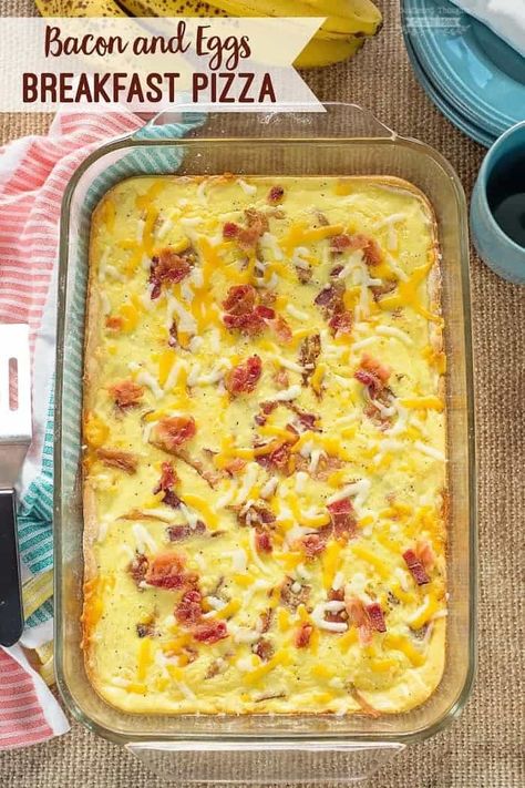 Bacon and Eggs Breakfast Pizza Bacon And Eggs Breakfast, Company Breakfast, Egg Pizza Breakfast, Egg Bakes, Breakfast Pizza Recipe, Bacon Eggs Breakfast, Pizza Ideas, Eggs Breakfast, Bacon And Eggs