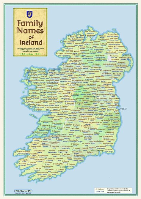 A map of the family names of Ireland. Over 250 of the most popular Irish surnames. Each names is located as close as possible to its original recorded location and this map can be personalised! The Irish version of the names are in brown with the more familiar English language versions in blue below them. Over time many names have become locally anglicised and corrupted. The spellings have changed. I have kept to the original stem Irish names and used up to 3 translations or English versions of Irish Clans Map, Clans Of Ireland, Irish Surnames Family Names Ireland, Bordeaux Wine Map, Irish Passport, Irish Last Names, Genealogy Map, Map Of Ireland, Irish Surnames