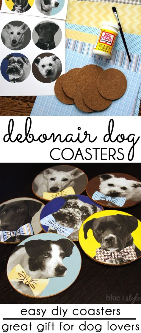 These DIY dog coasters make a great gift for the pet lover! Use your own photos for this easy dog craft and add bowties for a debonair look! Also perfect for a little boys room or a Father's Day Gift. Easy Dog Craft, Diy Dog Gifts, Dog Coasters, Dog Craft, Dogs Diy Projects, Diy Tumblr, Monthly Crafts, Diy Father's Day Gifts