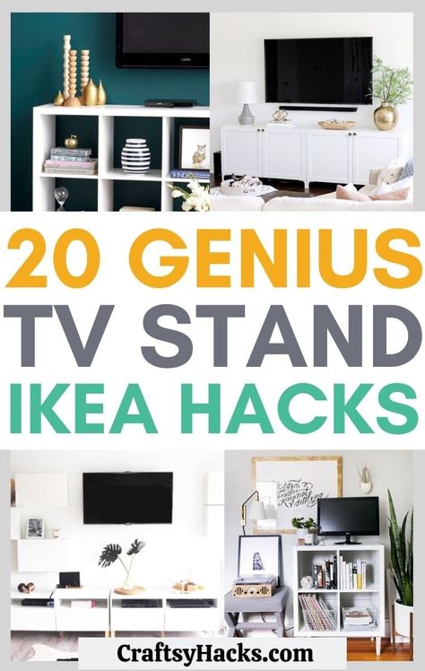 You can easily create a more stylish living room in your home when you use any of these amazing IKEA TV stand hacks. Use these IKEA hacks to create a one-of-a-kind media unit perfect for your living space! #IKEA #hacks Tv Unit Organization Ideas, Ikea Furniture Hacks Tv Stands, Ikea Tv Stands, Alternative Tv Stand, Styling Tv Unit, Tv Stand Storage Ideas, Ikea Tv Stand Hack Diy, Alternative Tv Stand Ideas, Diy Tv Unit Ideas