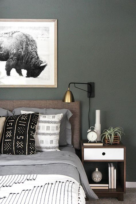 I’m excited to share a new room makeover I have been working on! This was a fun one, because you all know how much I love color, but I wanted to try something different this time around. My friend Bri Woodsy Bedroom, Bedroom Scandinavian Style, Vibes Room, Grey Bedrooms, Zimmer Diy, Decor Ikea, Bedroom Deco, Vintage Modern, Minimalist Bedroom