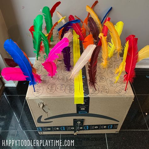 Feather Activities, Feather Crafts For Preschoolers, Feather Sensory Bin, Large Cardboard Boxes, Fun Thanksgiving Crafts, Stem Activities Preschool, Easy Thanksgiving Crafts, Coloured Feathers, Letter Of The Week