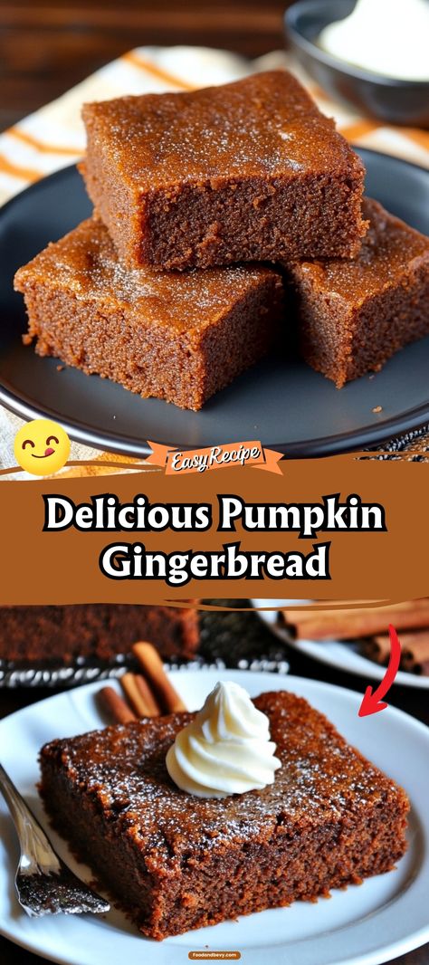 Combine the warm spices of gingerbread with the rich taste of pumpkin in this delightful Pumpkin Gingerbread. It's a moist and flavorful loaf that's perfect for cozy autumn days and holiday gatherings. Enjoy a slice with your favorite hot beverage! #PumpkinSpice #GingerbreadLove #FallBaking Pumpkin Gingerbread Bars, Moist Gingerbread Loaf, Pumpkin Gingerbread Cake, Ginger Bread Loaf Recipes, Vegan Gingerbread Loaf, Cranberry Gingerbread, Gingerbread Loaf Recipe, Gingerbread Pumpkin, Spicy Cake