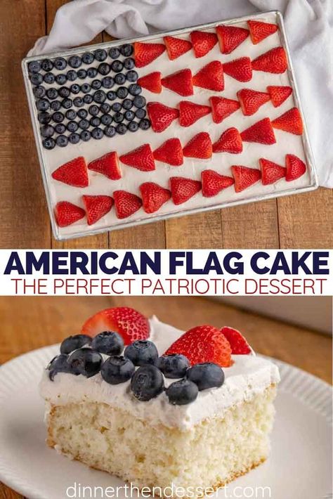 American Flag Cake made with a homemade vanilla cake recipe, cool whip and fresh berries is the perfect patriotic dessert for your summer cookout. #cake #cakerecipes #baking #dessert #4thofjuly #independenceday #america #strawberry #blueberry #dinnerthendessert Strawberry Poke Cake Recipe, Flag Cake Recipe, Strawberry Jello Cake, Flag Desserts, Strawberry Poke Cake, American Flag Cake, Memorial Day Desserts, Strawberry Poke Cakes, Poke Cake Recipe