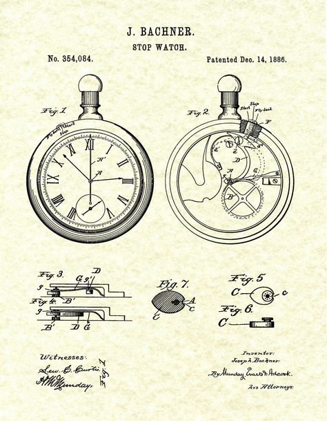 1886 Pocket Watch - Stop Watch designed by Joseph Bachner, issued December 14, 1886. All patent print and illustration pages are meticulously restored and digitally refined to remove as many flaws as possible while maintaining the integrity of the original document. These fine art prints are a wonderful way to own a piece of history featuring your favorite inventions or hobbies to be proudly displayed in your home, office, business, man cave or camp. All prints and illustrations are printed on p Watch Blueprint, Pocket Watch Drawing, Watch Drawing, Patent Art Prints, Stop Watch, Laser Cut Wood Crafts, Patent Drawing, Art Watch, Art Drawings Sketches Pencil