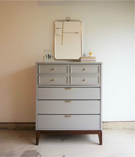 Midcentury Dresser Flip, Two Toned Mid Century Dresser, Gray Dresser Makeover, Grey Mid Century Dresser, Mcm Dresser Makeover Green, Mid Centrury Modern Dresser, Tallboy Dresser, Girls Bedroom Furniture, Grey Dresser