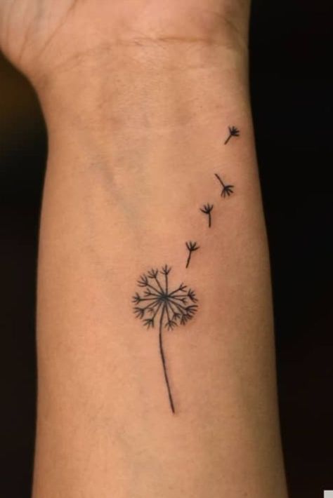 Simple Tatoo Ideas For Girl, Tattoo Designs Dandelion, Simple Like Work Tattoo, Small Happy Tattoos, Dandelion Wrist Tattoos For Women, Dandelion Heart Tattoo, Small Dandelion Tattoo Wrist Simple, Books Inspired Tattoos, Dandelion Tattoo On Wrist