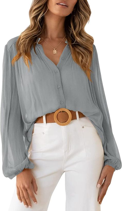 Chiffon Button Up Shirt, Long Sleeve Work Blouse, Chiffon Shirt Outfit, Casual Chiffon Blouse, Chiffon Shirt Blouse, Women's Button Down Shirt, Casual Shirt Women, Causal Outfits, Chiffon Shirt