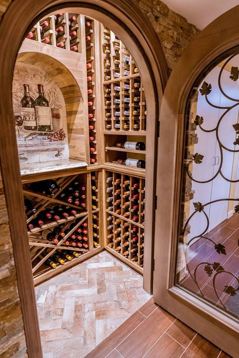 Wine Cellar Closet Ideas, Black Crown Molding, Wine Cellar Closet, Diy Wine Cellar, Wine Cellar Lighting, Under Stairs Wine Cellar, Wine Grotto, Wine Cellar Basement, Brick Floor