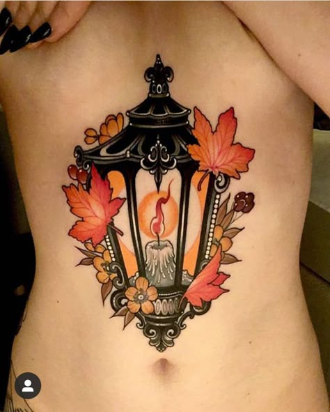 Neotraditional Autumn Tattoo, Witchy Lantern Tattoo, Spooky Lantern Drawing, Lantern Tattoo Neotraditional, Neotraditional Fall Tattoo, Moth Lantern Tattoo, Small Autumn Tattoo, Neotrad Lantern, Gothic Lantern Tattoo