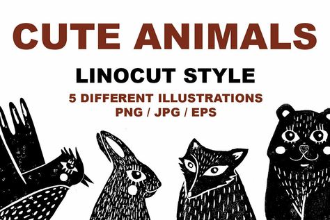 These cute animals were made by the real linocut technique. This unique technique gives great texture and unusual lines. Also, the illustrations look vintage and remind us of some old fairy tales. All animals have a textured look and can be used to decorate your print designs: cards, wrapping paper, textile: t-shirts, towels, cushions, as well as web designs: blogs, banners, backgrounds, etc. Animal Block Print, Simple Lino Print Ideas, Linocut Animals, Lino Print Pattern, Linocut Pattern, Restaurant Packaging, Monoprint Art, Woodblock Printing, Animal Templates