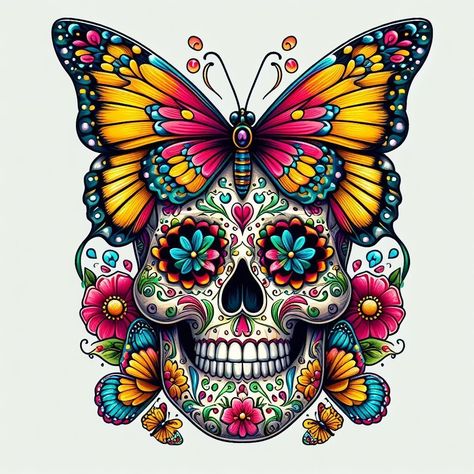 Pretty Skull Tattoos, Mexican Skull Art, Sugar Candy Skulls, Sugar Skull Owl, Sugar Skull Art Drawing, Gloucester Uk, Candy Skull Tattoo, Sugar Skull Painting, Butterfly Tattoo Design