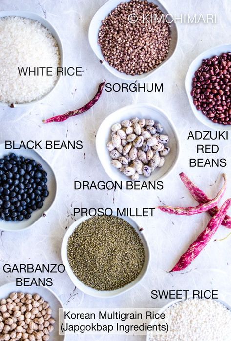 8 bowls of grains and beans for Korean multigrain rice (Japgokbap) recipe. #multigrain #rice #asianfood #koreanfood #koreanrice #healthyrice Multigrain Rice Recipe, Rice Bowls Vegetarian, Multigrain Rice, Rice Korean, Rice Alternatives, Rice Instant Pot, Easy Weekday Meals, Healthy Rice, Perfect Rice