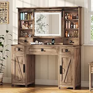 Makeup Vanity Desk with Lights, 47.2" Farmhouse Vanity Table with Sliding Mirror & Charging Station, Large Makeup Desk with 5 Drawers & 2 Cabinets, Rustic Oak Western Vanity, Desk With Lights, Makeup Vanity Desk, Farmhouse Vanity, Sliding Mirror, Mirrored Vanity Desk, Vanity Benches, Makeup Desk, Large Vanity