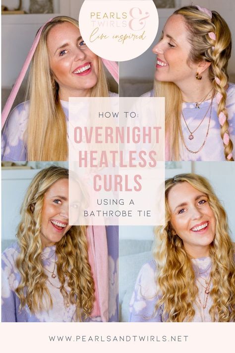 How to create heatless curls with a bathrobe tie. How to do overnight curls. Heatless over night curls how to. Bathrobe Tie Hair Curls, Bathrobe Hair Curls, Curl Hair With Bathrobe Tie, Curls With Bathrobe Tie, How To Do Bathrobe Curls, Heartless Curls Diy, Heatless Curls Curtain Bangs, Heartless Curls Robe Tie, Braid Hair For Waves Overnight