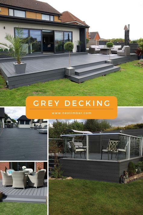 Composite Decking Ideas Grey, Plastic Decking Ideas, Grey Decking Ideas Garden, Patio Decking Ideas, Composite Decking Ideas Garden, Grey Decking Ideas, Dark Grey Deck, Grey Deck Paint, Composite Decking Ideas