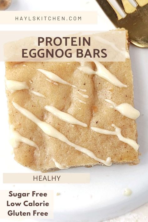 Surprising Protein Eggnog Bars with all the egg nog and nutmeg flavor, but actually good for you! These healthy eggnog bars use protein powder and almond milk nog for a low sugar, low fat and Vegan recipe. Almond Milk Dessert Recipes, Eggnog Bars, Almond Milk Desserts, Eggnog Breakfast, Almond Milk Egg Nog, Low Calorie Protein Bars, Healthy Eggnog, Macro Desserts, Eggnog Muffins