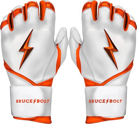 HIGHEST QUALITY, MOST DURABLE BATTING GLOVE IN BASEBALL: Each pair of BRUCE BOLT batting gloves are handmade by skilled craftsmen using only the highest quality 0.9mm Cabretta leather and stitching techniques which makes their gloves buttery soft, fit better and more durable than any other glove on the market. Their PREMIUM PRO line features a double reinforced palm, heavy duty lycra between fingers and knuckles, heavy duty thread, inverse stitching and a raised and stitched “BOLT” logo. Nike Gloves, Sporting Goods Store, Wrist Injury, Baseball Gear, Batting Gloves, Baseball Pants, Orange Accents, Stitching Techniques, Wrist Support