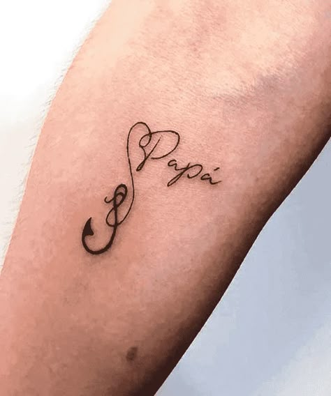 Papa Name Tattoo, Papa Tattoo Design, Papa Tattoo, Grandfather Tattoo, Fishing Hook Tattoo, Tattoos For Dad Memorial, Name Tattoo Ideas, Hook Tattoos, Memorial Tattoo Designs