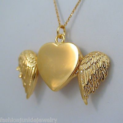 Angel Wings Heart Locket - 14K Gold Plated Sterling Silver - Memorial Love *NEW* | eBay Heart Lockets Aesthetic, The Cardigans, Wedding Earrings Drop, Beautiful Gold Necklaces, Photo Locket Necklace, Angel Jewelry, Gold Cross Necklace, Diamond Cross Pendants, Classy Jewelry