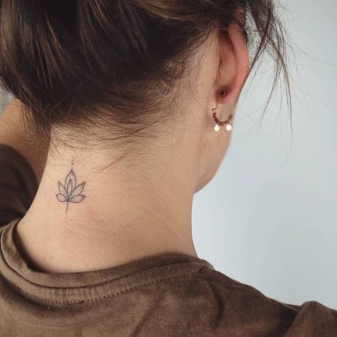 Lotus Flower Tattoo Neck, Lotus Flower Tattoo Hand, Nape Tattoo Women Minimalist, Lotus Neck Tattoo, Nape Of Neck Tattoo, Mindful Tattoo, Bishop Tattoo, Neck Tattoo Women, Lotus Flower Tattoos