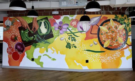 Global Paella Mural for World Central Kitchen by Marcella Kriebel seen at WeWork, Washington | Wescover Food Wall Mural, Food Wall Art Paintings, Food Mural Art, Noodle Illustration, Food Mural, Color Still Life, Veggies And Rice, Restaurant Trends, Mural Art Design