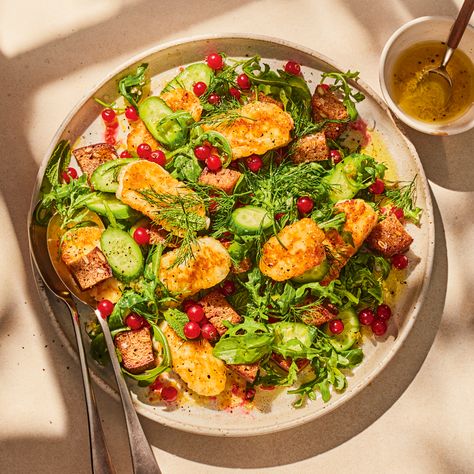 Herby Halloumi Salad with Rye Croutons Recipe | Recipes from Ocado Halloumi Recipes, Croutons Recipe, Recipes To Try At Home, Halloumi Salad, Lemon Mint, Recipes To Try, Pomegranate Seeds, Croutons, The Middle East