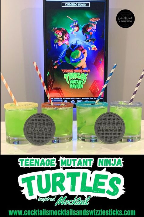 This image shows four green drinks each with different colored rims and coordinating striped straws to match the teenage mutant ninja turtles in front of a teenage mutant ninja turtles mutant mayhem movie poster. Ninja Turtle Pizza, Teenage Mutant Ninja Turtles Movie, Ninja Turtles Birthday Party, Ninja Turtles Movie, Tmnt Movie, Slice Of Pizza, Ninja Turtle Birthday, Alcoholic Drink, Teenage Mutant Ninja Turtle