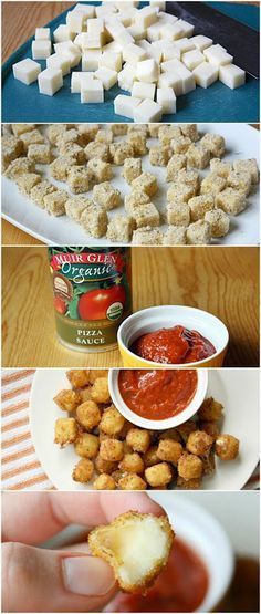 Dip mozzarella balls in flour, then egg, then crumbs mixed with some Italian seasoning. Cook in deep fryer for 1 min. Best mozzarella bites I've ever had. Resepi Biskut, Cheese Cubes, Sauce Tomate, Snacks Für Party, Yummy Foods, Snack Time, Finger Food, I Love Food, Appetizer Snacks