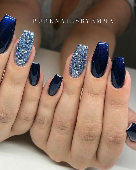 Navy And Silver Nails, Blue Acrylic Nails, Hot Nails, Silver Nails, Dipped Nails, Prom Nails, Coffin Nails Designs, Pretty Acrylic Nails, Fancy Nails